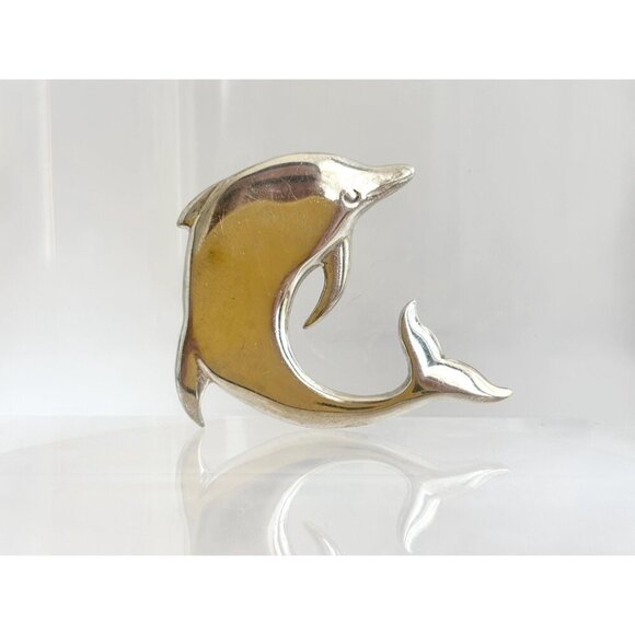 Dolphin Figural Morning Sun Signed Polished Sterling Silver Vintage Brooch - Picture 3 of 10